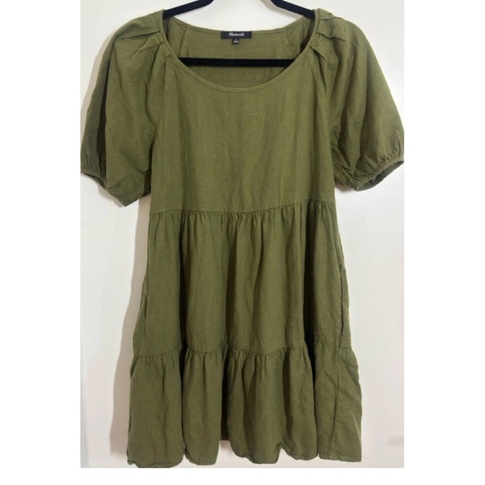 Madewell Olive Tiered Short Puff Slv Medium Dress NB471 Short Babydoll Lagenlook